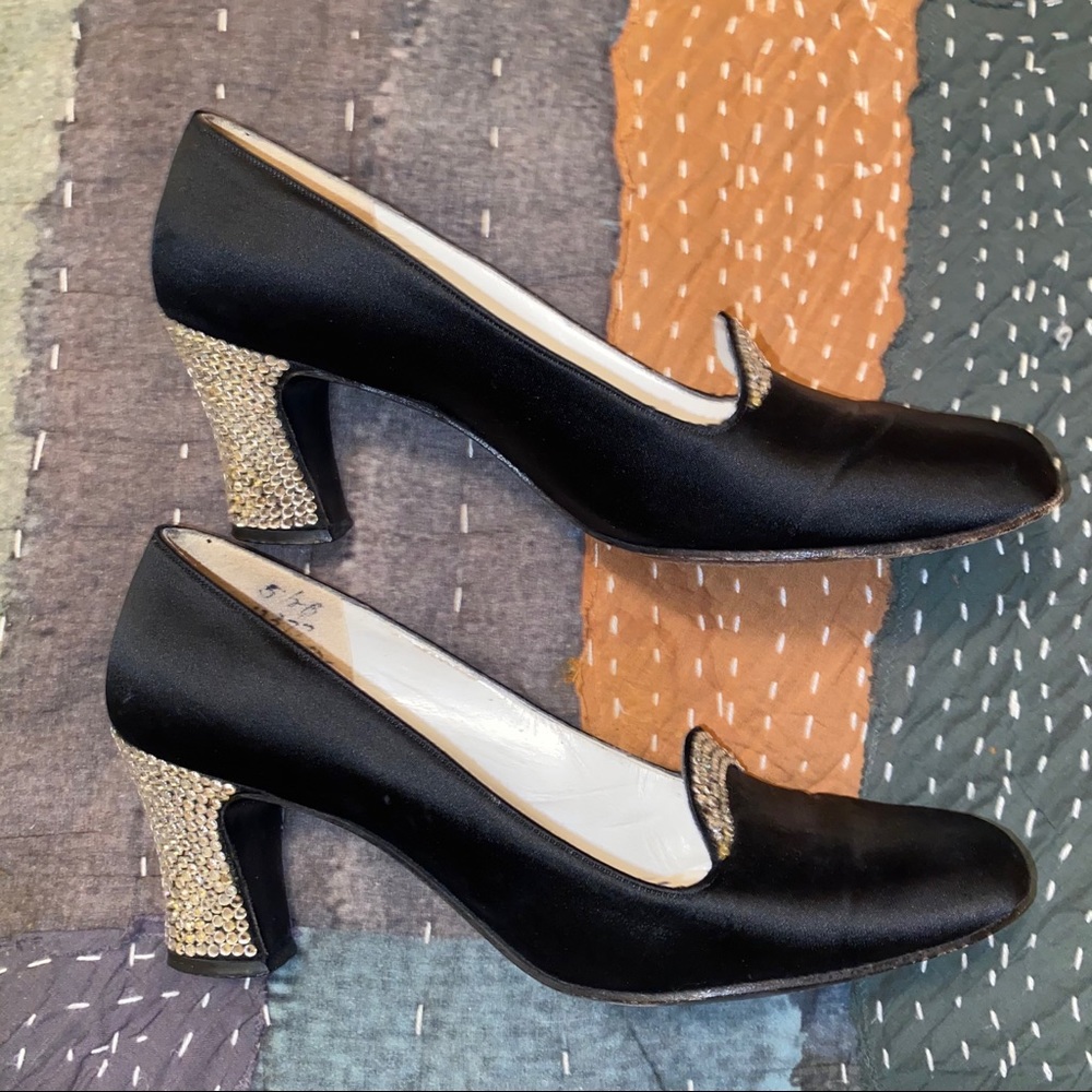 Vintage Black Satin Heels with Rhinestone Accents